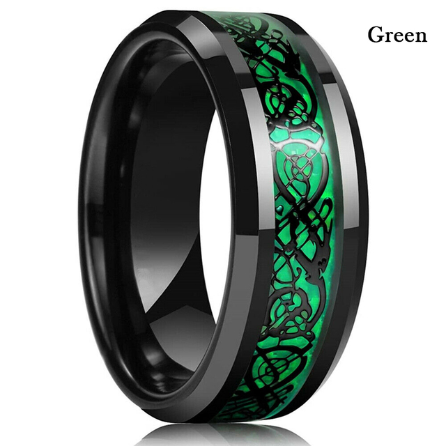 Colors 8mm Men's Stainless Steel Celtic Dragon Ring Inlay Red Green Black Carbon Fiber Ring Wedding Band Jewelry Size 6-13