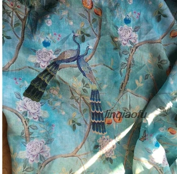 

High-end clothing linen fabric Dress cheongsam robe fashion peacock inkjet polishing thin burlap material