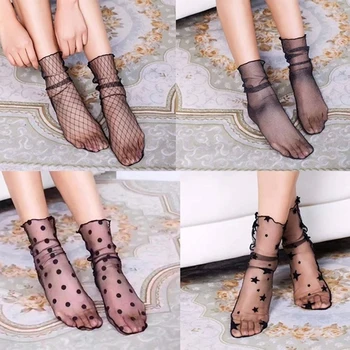 

Newest Women Ruffle Fishnet Ankle Transparent Socks Lady Summer Sexy Polka Dot Mesh Lace Fish Net Short Socks Mesh Hosiery
