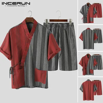 

Leisure Patchwork Pajamas Sets Fashion Striped Sleepwear Suits Men Vintage Homewear Kimono Blouse Drawstring Shorts Suit INCERUN