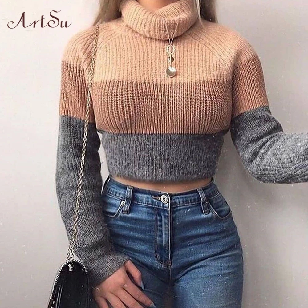 ArtSu 2019 New Women's Turtlenecks Sweaters Striped Long Sleeve Knitted Pullovers Females Jumpers Cropped Sweater Fall ASSW60454 | Женская
