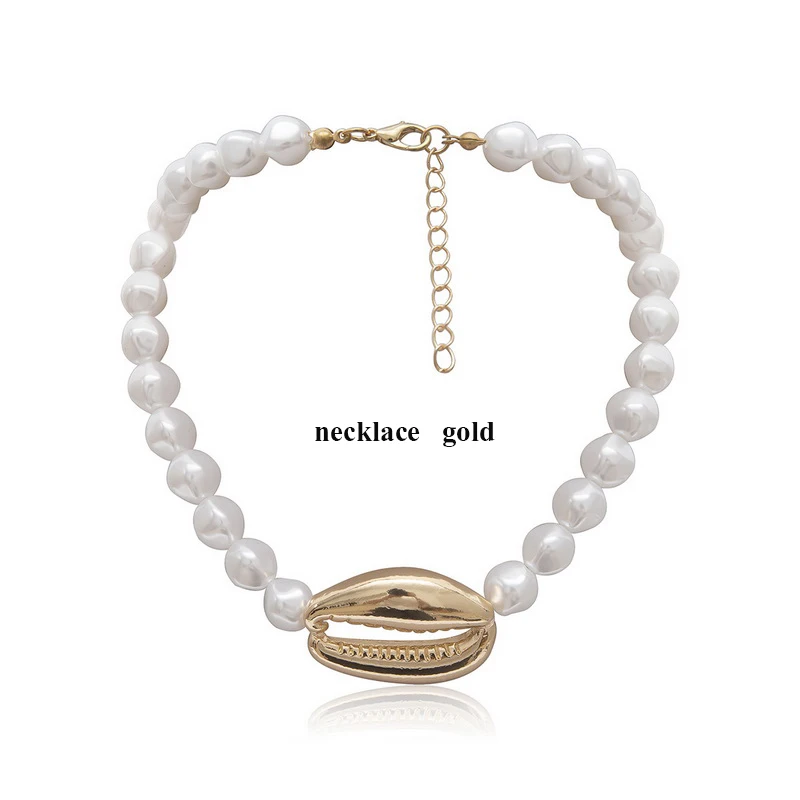 Necklace Gold Элегантное ожерелье-чокер из искусственного жемчуга с большой металлической морской ракушкой для женщин, винтажное богемное пляжное ювелирное ожерелье, колье XR2263 - Окраска металла: Necklace Gold