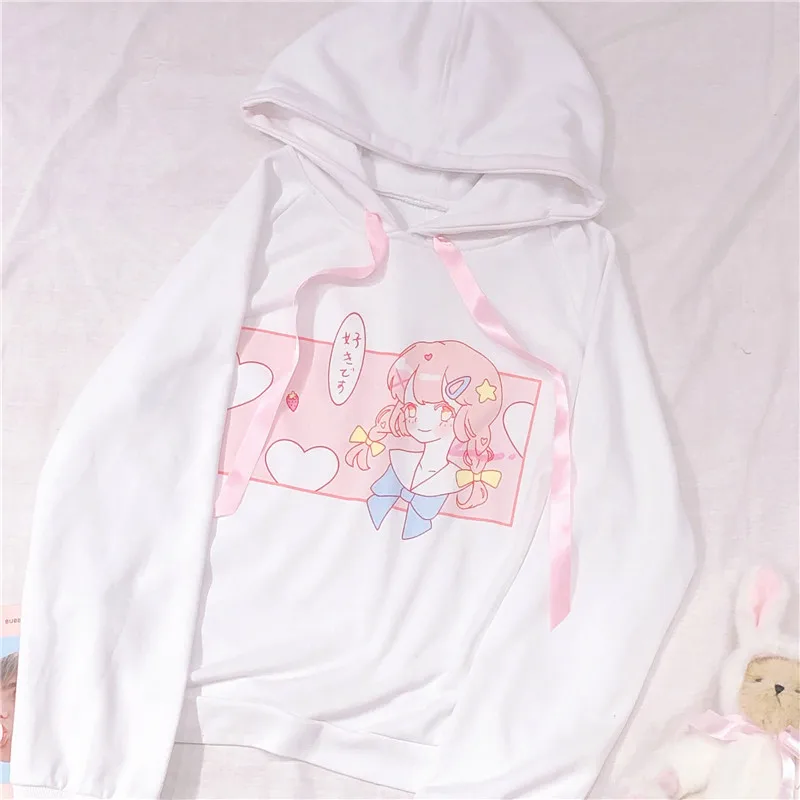 Harajuku/мягкие женские толстовки с капюшоном с принтом аниме для девочек; пуловеры для молодых девушек; Осенняя толстовка с капюшоном и длинными рукавами