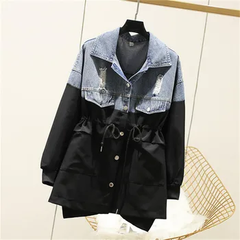 

Women's Denim Jacket Oversized 4XL Ladies Fashion Windbreaker Outerwear Mid-Long Drawstring Cowboy Color Matching Casual Coats