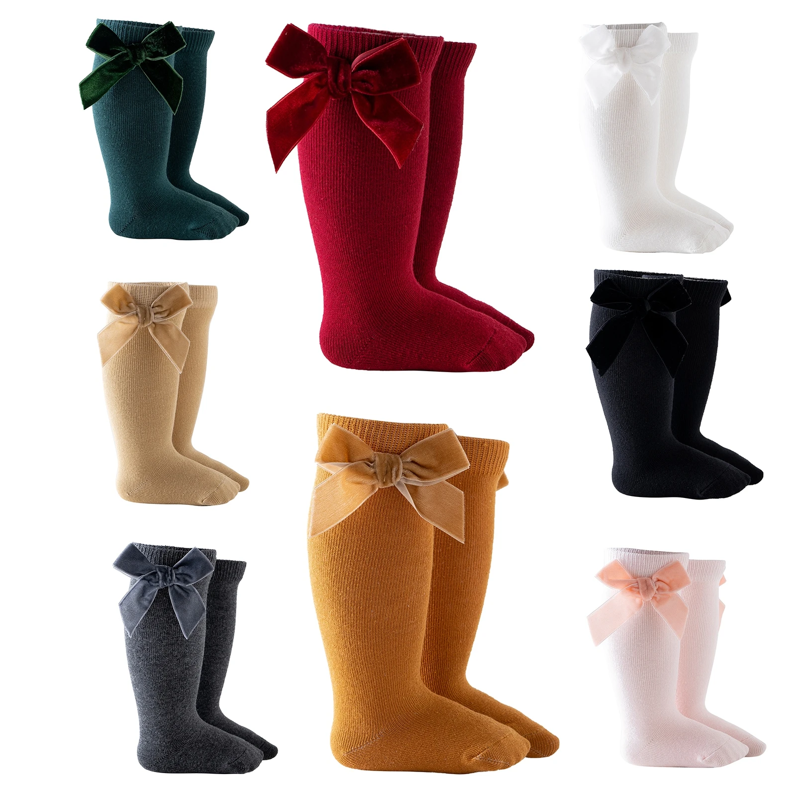 Wholesale Baby Toddlers Girls Socks Solid Color Velvet Bow Cute Cotton