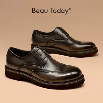 

Brogue Derby Men Genuine Cow Leather Carved Waxing Polished Gentlemen Shoes Lace-Up Classical Autumn Handmade BeauToday 55505