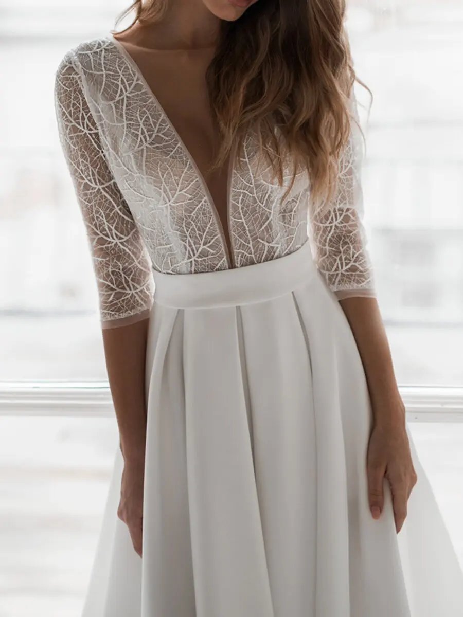 Sexy Deep V Solid Color Long Sleeve Fitted Waist Pleated Dress