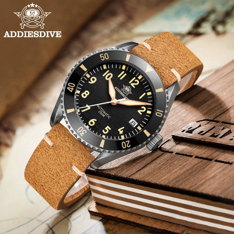 Mens Watch Ceramic Bezel Pilot Crystal-Nh35 Sapphire Addiesdive Retro Luxury 200m Luminous