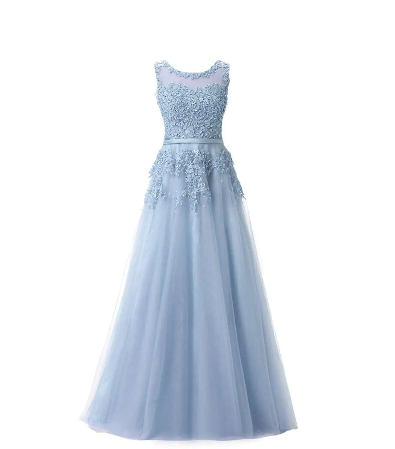 light blue Платья для выпускного вечера с жемчугом и цветочной аппликацией длинное вечернее платье для женщин без рукавов Тюлевое платье для выпускного - Цвет: light blue