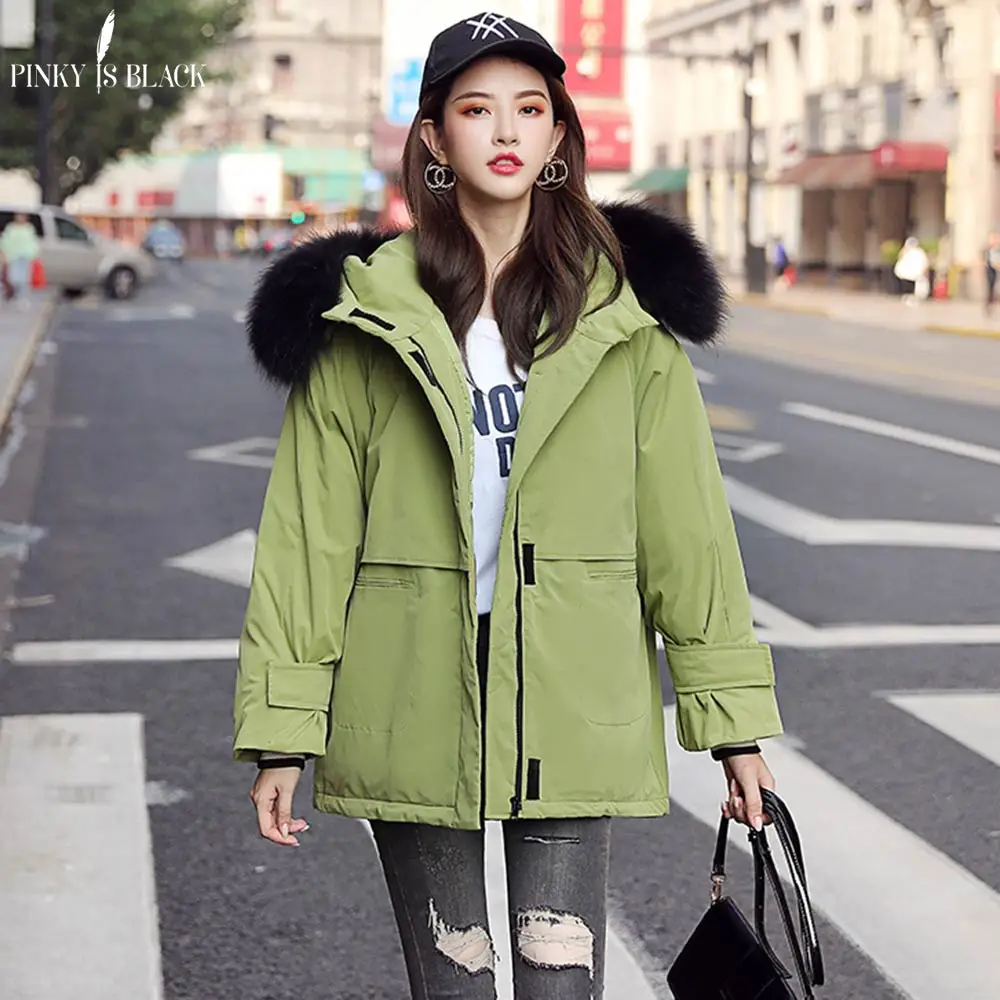 PinkyIsBlack New Warm Winter Parka Coat And Jacket Women Short Female Winter Big Fur Hooded Winter Jacket Women With Pocket