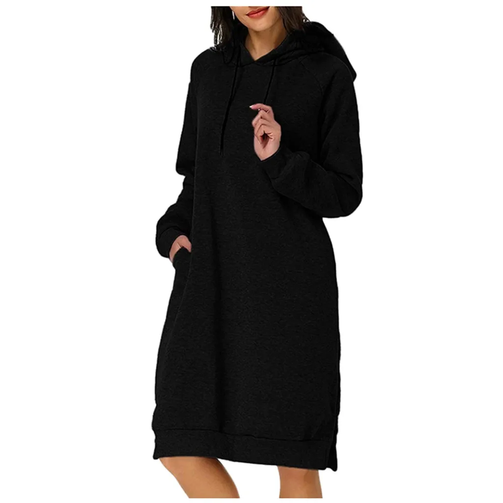 Robe hiver femme, женское платье, повседневное, одноцветное, с длинным рукавом, зимнее платье, с карманом, толстовка, с разрезом, платье, vestidos ropa mujer
