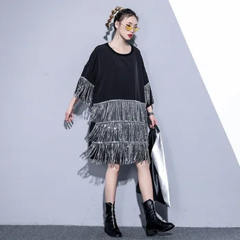 

Johnature New Fashion Streetwear Patchwork Tassel Long Women T-Shirts 2020 Summer Casual O-neck Half Sleeve Loose Tops