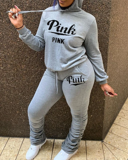 2022 Street 2 Piece Set Pink Letter Hoody Sweatshirt Top + Stacked  Sweatpants Suits Casual Sport Outfits Spring Tracksuit Suits - AliExpress