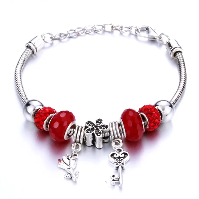 Antique Original Crown key lock Shape 6 colors Charm Bracelets For Women Glass Beads Brand Bracelet & Bangle DIY Jewelry Gifts 0016RD
