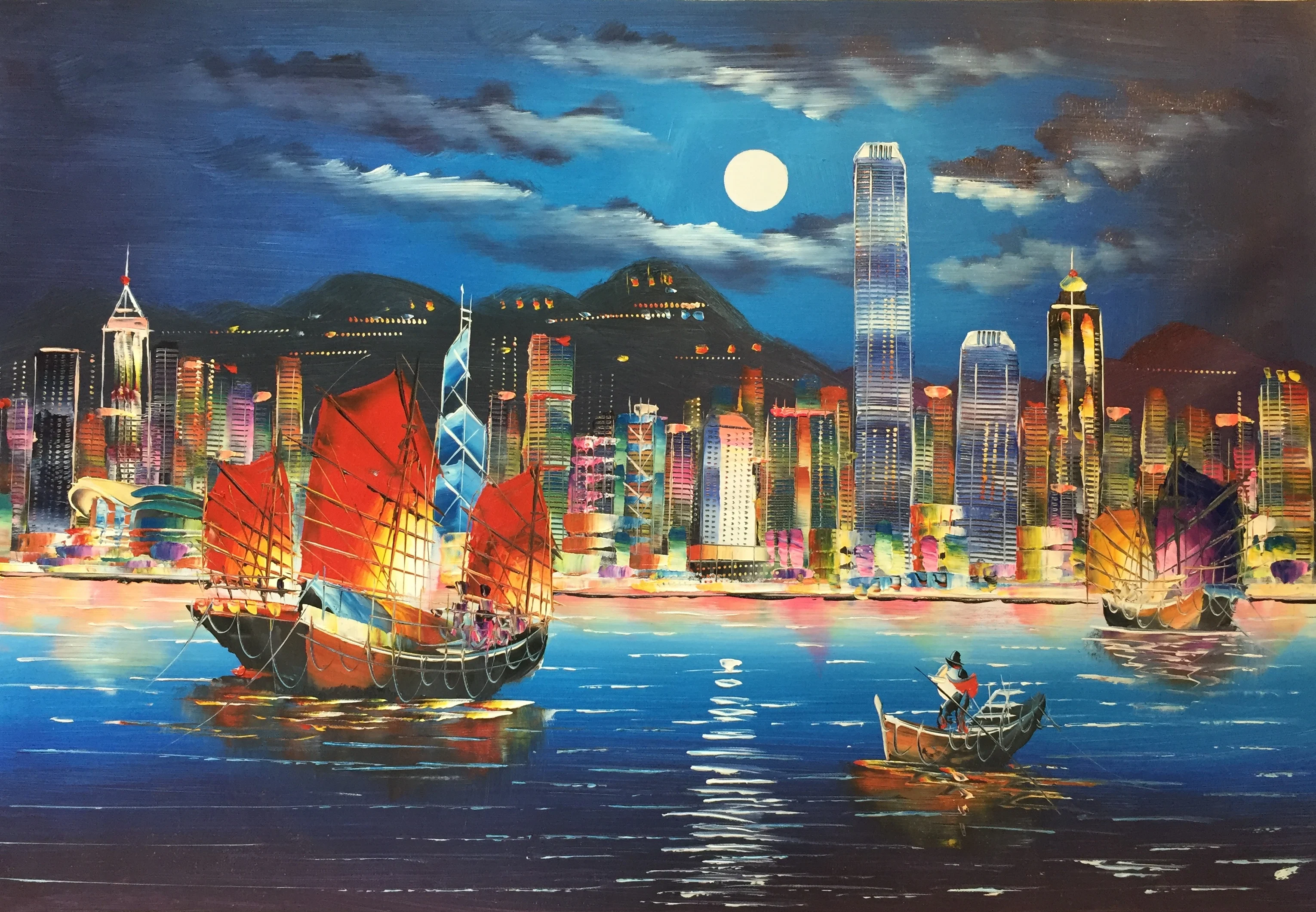 Hot Sale Hand Painted Modern Knife Canvas Oil Painting Hong Kong City