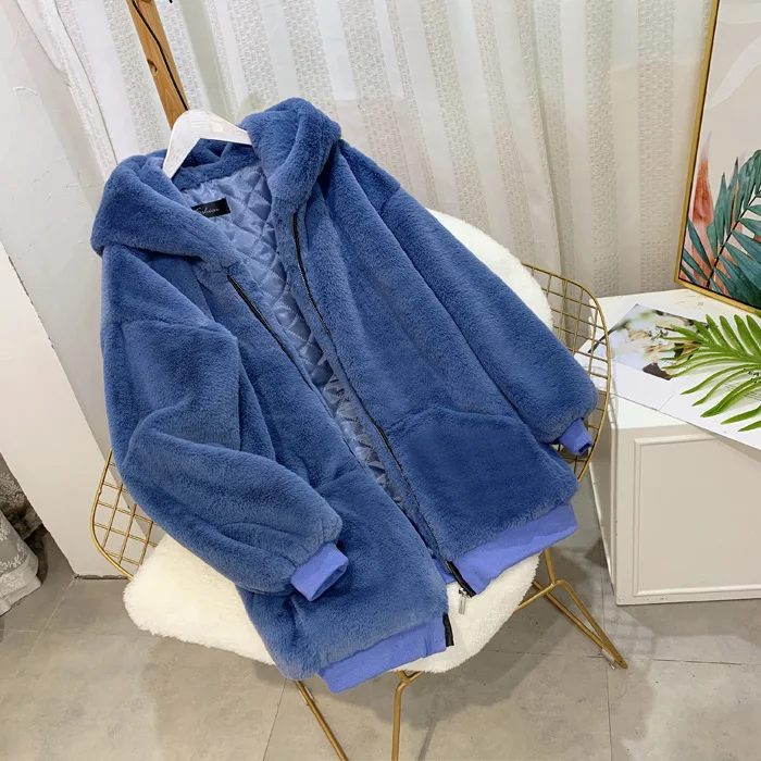 blue Зимнее пальто из искусственного меха, Женская куртка из искусственного меха на молнии, пушистая куртка, женское плотное теплое пальто большого размера, зимнее плюшевое пальто с капюшоном WJ497 - Цвет: blue