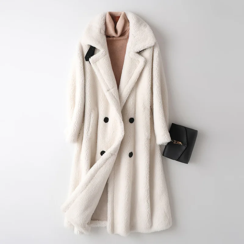 Зимняя шуба DaJane из натурального меха, женская шуба из овечьей шерсти, длинное шерстяное пальто с частицами, меховое теплое пальто, шуба - Цвет: white