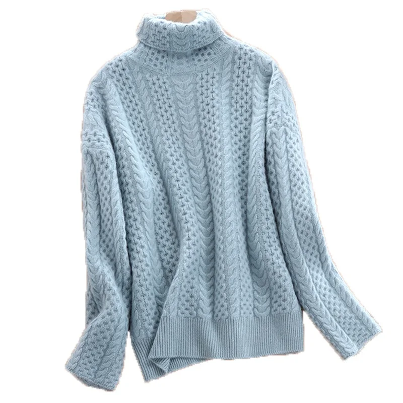 

Turtleneck 100% Cashmere Pullovers Basic Sweater Women's Loose Long Sleeve Solid Twist Sweater Warm Wool Heavy Knit Base Sweater
