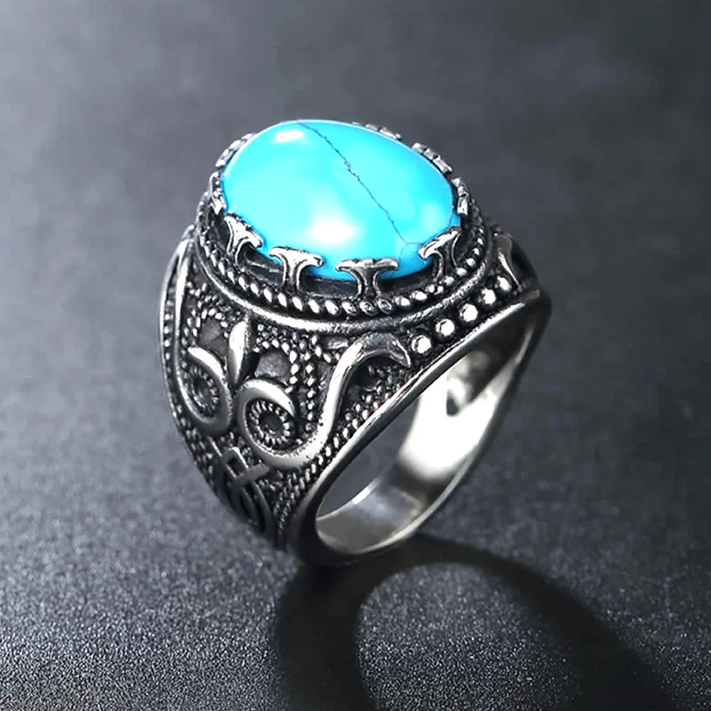 Mens Ring Stainless Steel Trendy Vintage Turquoise Opal Green Stone Oval Shape 