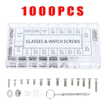 Juego de tornillos pequeños para gafas, destornillador de acero inoxidable, tornillos de cabeza redonda, Perno para gafas y relojes, 1000 unids/set