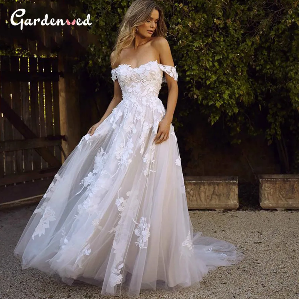 

Simple Boho Wedding Dress 2020 Off The Shoulder Embroidery A Line Bride Dress Ivory Wedding Gown Robe De Mariee