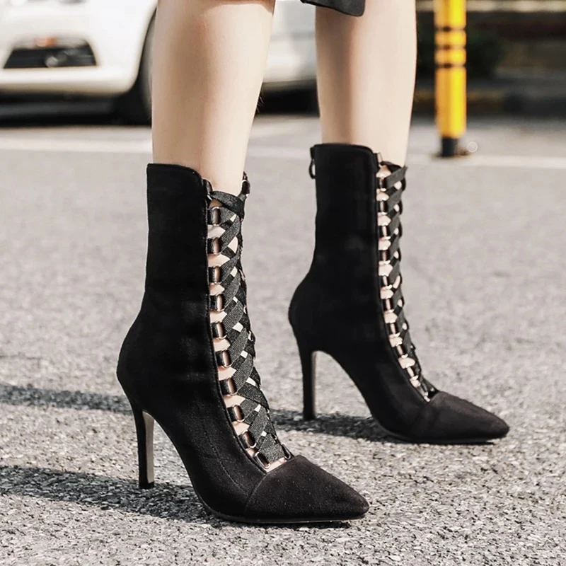 

Women Autumn Winter Ankle Boots Flock Pointed Toe Cross Tied Lace Up Short Boots Stiletto High Heels Back Zipper Party Boots