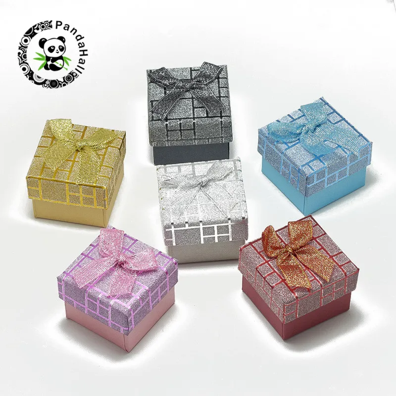 Pandahall 24 шт картонные кольца коробки для коробочка для ювелирных украшений бисер с бантом Разноцветные квадратные 5x5x4 см