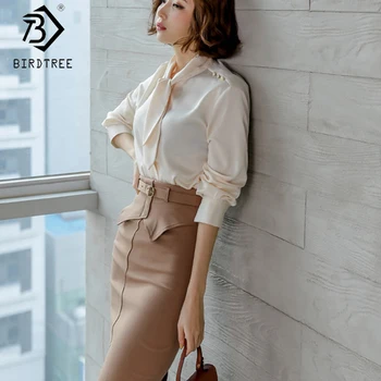 

2020 Spring New Women's Suits Korean Style Long Sleeve Single-Breasted Bowcot Blouse Tops And Split Skirt Two Pieces Set S9D505S