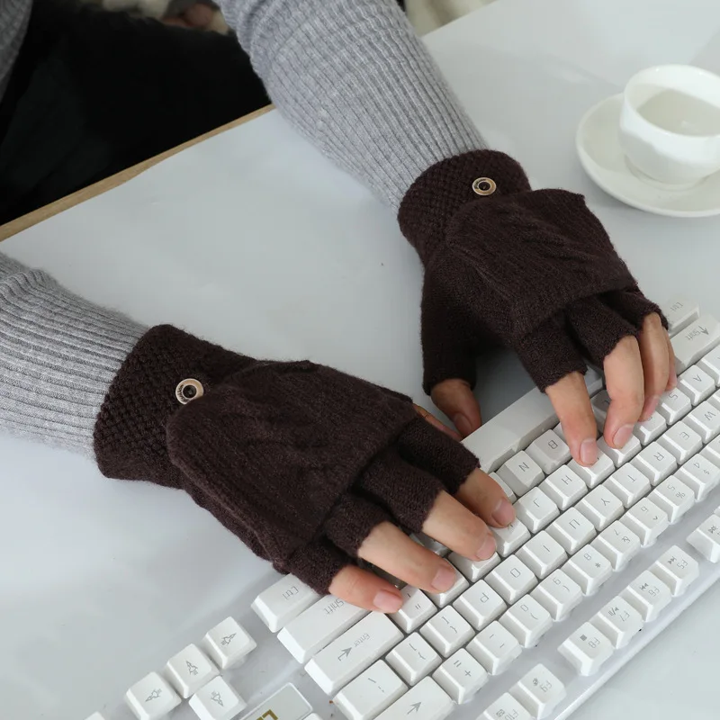 

Men Fingerless Gloves Flipped Cover Knitted Gloves 1 Pairs Half Finger Gloves Semi-Finger Hand Wrist Warmer Solid Color Flip