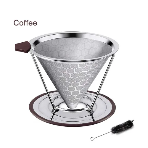 coffee Нержавеющая сталь премиум класса фильтр для кофе, многоразовый Налейте кофейник с воронкой конус с нескользящей подставкой для чашки и щеткой - Цвет: coffee