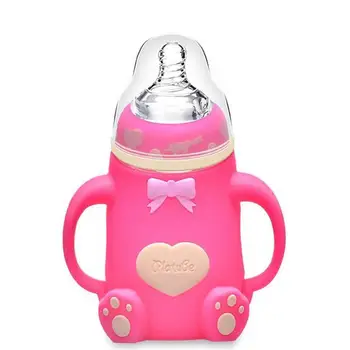 

Wide Mouth Glass Milk Bottle With Handle & Protective Silicone Cover Anti-Drop Anti-Colic Baby Infant Supplies 240ml