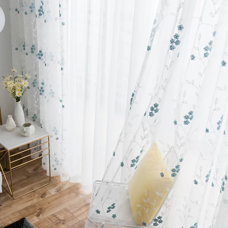Синие занавески с цветами прозрачная ткань гостиная окно экран вышивка вуаль