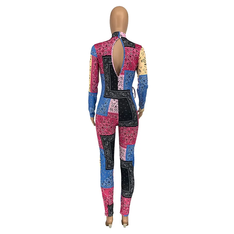 BKLD Printed Fashion 2024 Autumn Winter New Women Clothing Sexy Casual Lace-Up Hollow Out Backless Bodycon Jumpsuit Long Sleeve