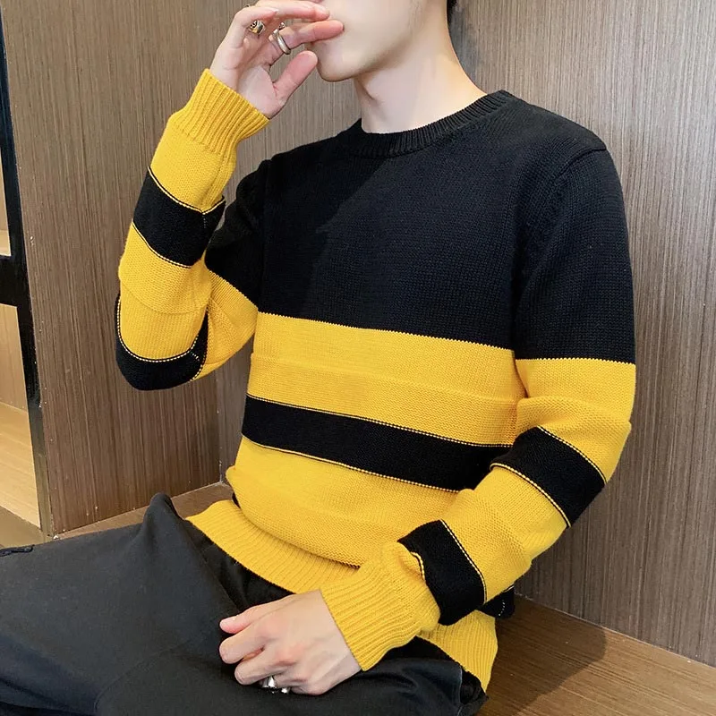 Autumn New Men's Long Sleeve Multi-striped Crewneck Pullover Sweater Relax Thin Cotton Knit Men Sweater
