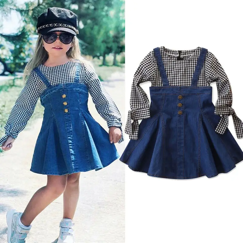 2-7T Autumn Long Sleeve Plaid Girls Dress Fake Two-Piece Dresses For Kids Clothing Blue Patchwork Denim Girl Clothes | Детская одежда и
