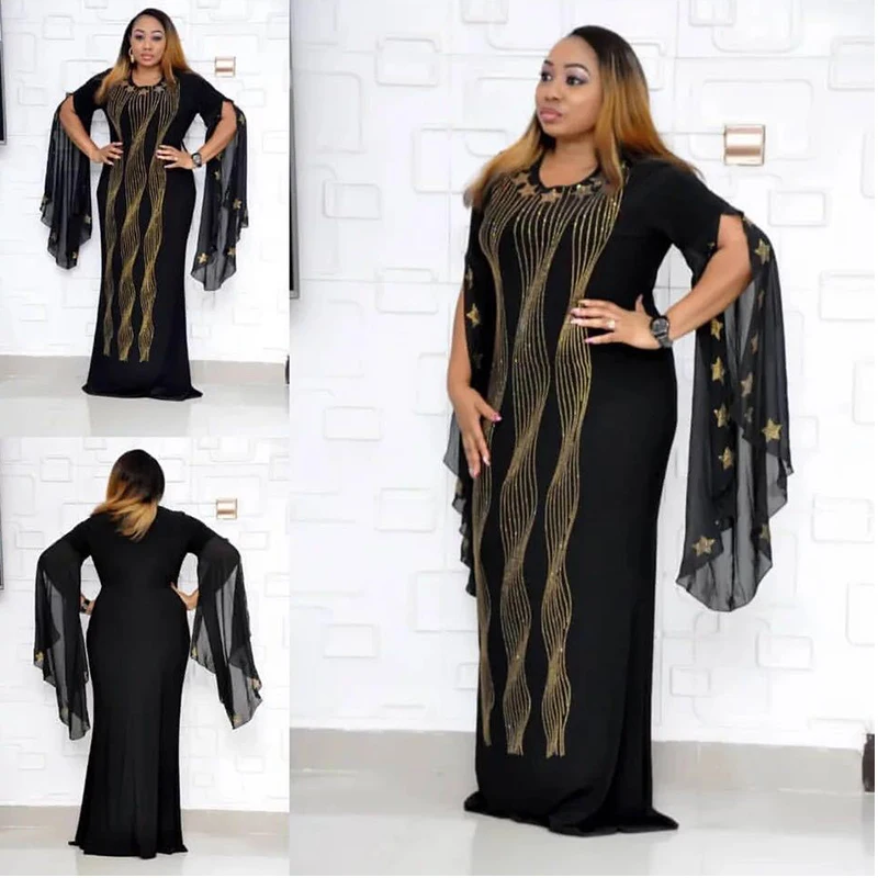 Tight African Abaya for Women Elastic European American Diamond Boubou Robe  Femme Clothes Fishtail New Fashion Dashiki Dress