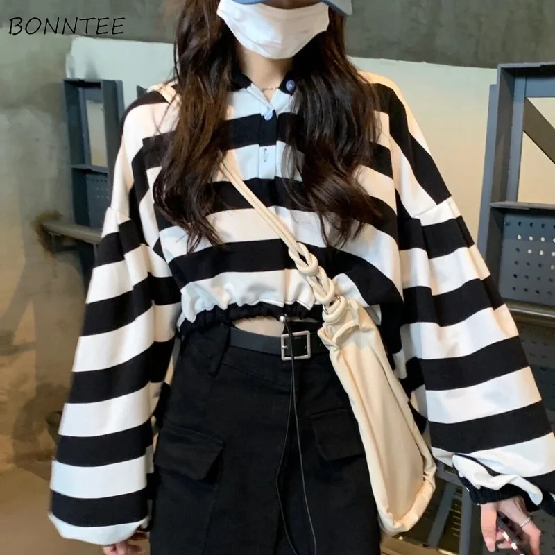 Sweatshirts Women Striped All-match Turn-down Collar Casual Autumn New Fashion Design Korean Style Female Crop Simple Cozy Ins | Женская