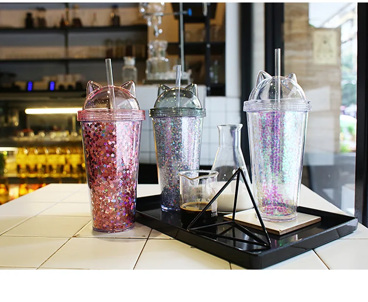 Double Layer Pipette Cup With Flash In The Shape Of Cat's Ear Candy Colors Tea Juice Coffee With Lid Straw Water Bottle Cups