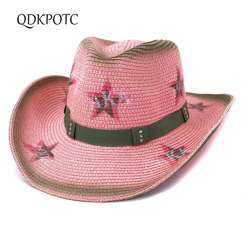 2021 Hat New Men Women National Style Western Cowboy Hats Fashion Pink Outdoor Seaside Sun Protection Shade Straw Cap QDKPOTC | Аксессуары