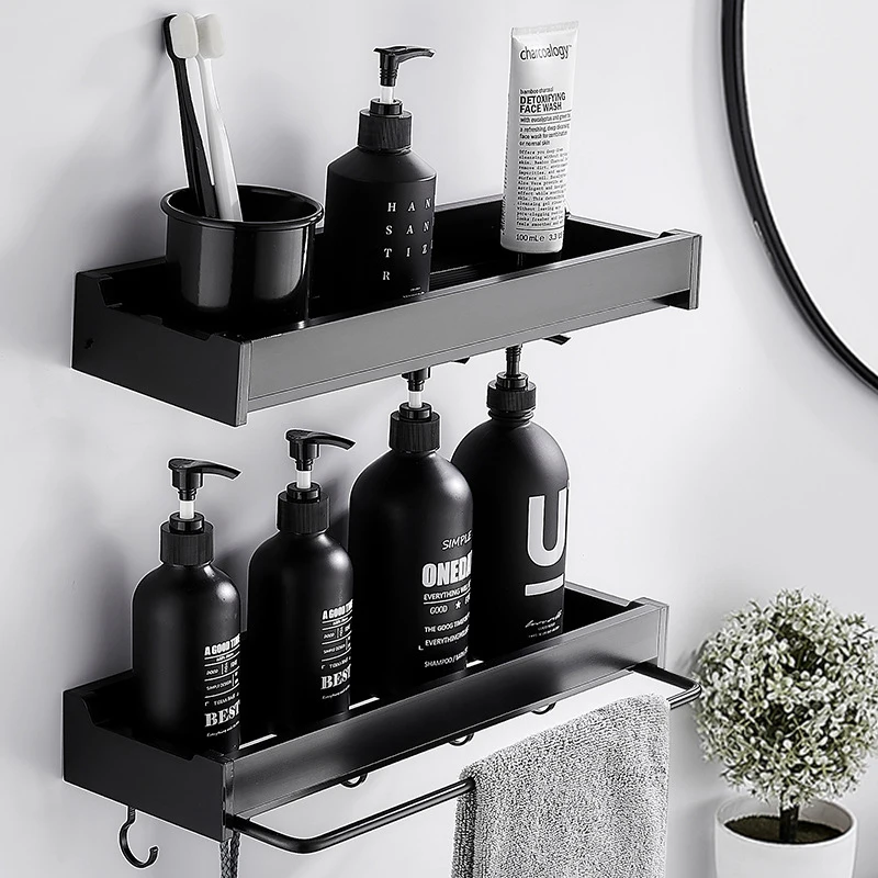 Bathroom Storage Rack Holder With Towel Rod Shelf Shower Shampoo Tray Stand No Drilling Shelf