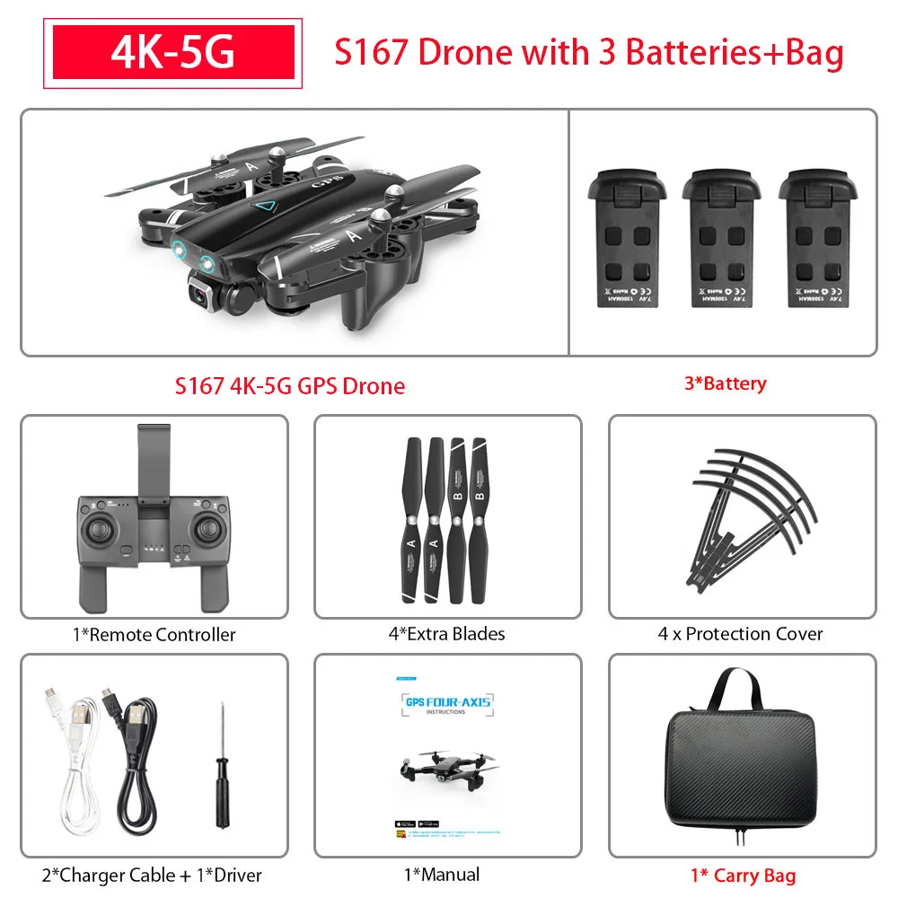 S167 gps Дрон 4K 5G wifi 1080P FPV камера дроны gps следуем за мной высота держать широкоугольный Квадрокоптер с камерой складной Радиоуправляемый Дрон - Цвет: 5G 4K 3Battery Bag