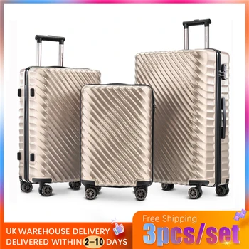 

VOGVIGO 3pcs Champagne Gold ABS Travel Luggage Set Trolley Ripple Suitcase Box Set with Wheels Rolling Suitcases and Travel Bags