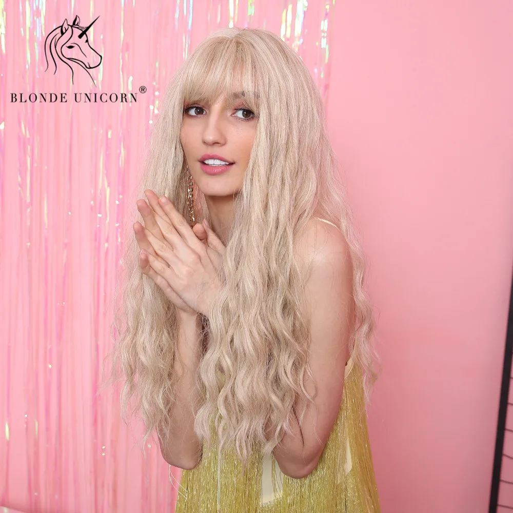 

Blonde Unicorn 3 Colors Synthetic Water Wave Hair Wigs with Natural Bangs Light Brown High temperature Fiber Cosplay Women Wigs