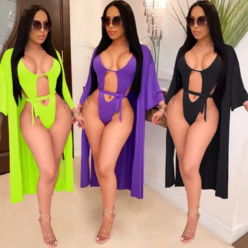 

Woman Sexy Bikini Swimsuit Cut Out Back Lace Up Bodycon Suit +Short Sleeve Cardigan Cover Up Suits 2020 Summer 2 Piece Swimsuit