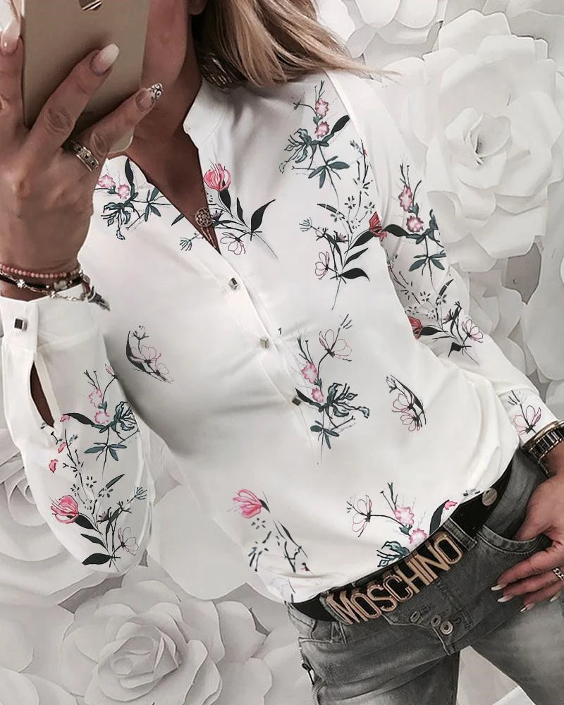 Новые модные женские летние рубашки с длинным рукавом Дамская с цветочным принтом шикарные топы блузки