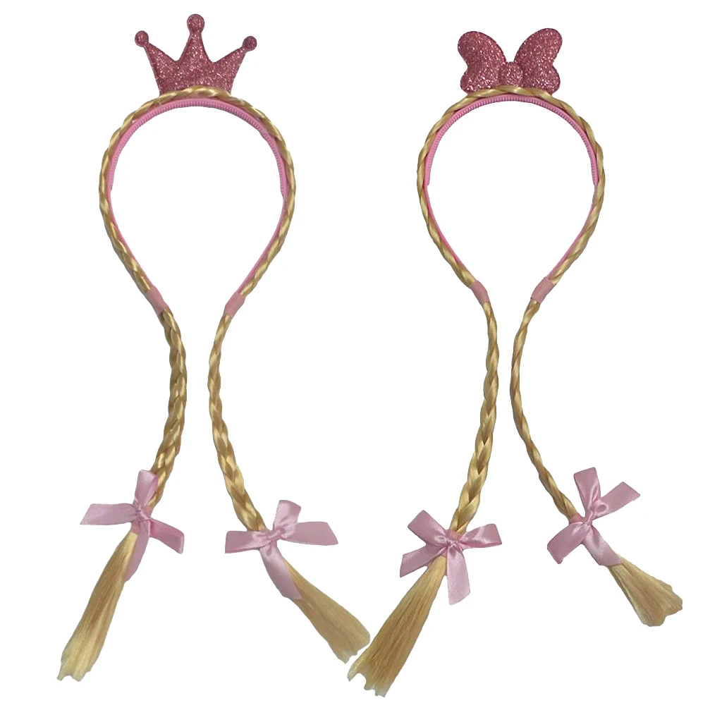 Kids Girls Princess Crown Bow Double Wig Hair Braided Hair Band Bow Headband
