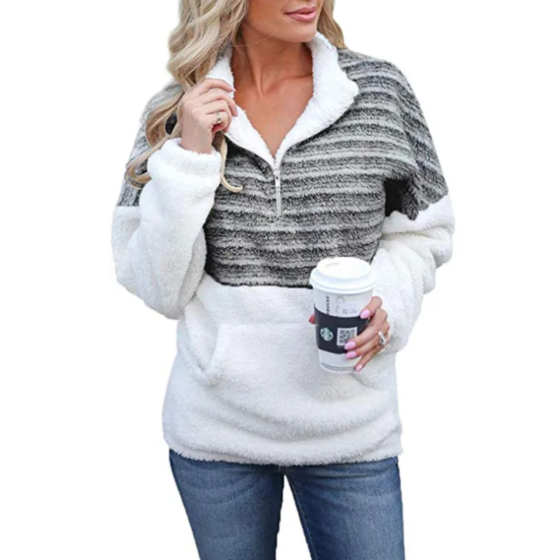 

2019 Patchwork Striped Fleece Sweater Women Pullover Zipper Turtleneck Fluffy Sweaters Warm Soft Casual Sherpa Tops