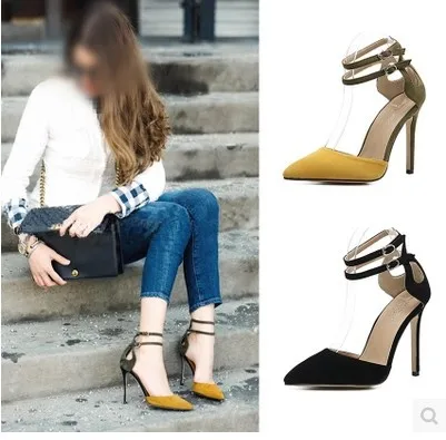 

2017 New Style Pointed-Toe Mixed Colors Suede Hallow Thin Heeled A- line Buckle High-heeled Ladies' Sandals Have 40 Yards