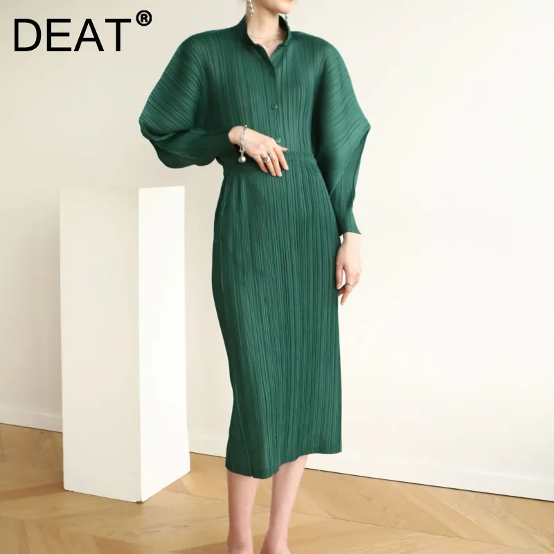 DEAT Woman Suit Solid Pleated Stand Collar Garment Horn Sleeve Shirt + High Waist Skirt Slim Casual Style 2022 New Spring15XM531 |