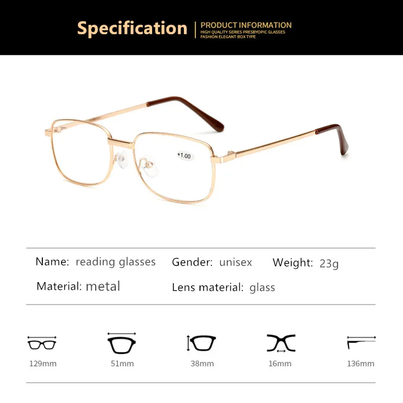 Металлические очки для чтения в форме смолы модная оправа прямоугольной формы диоптрий при дальнозоркости, Для мужчин Для женщин цвета: золотистый, серебристый Droppshiping 200 250 150